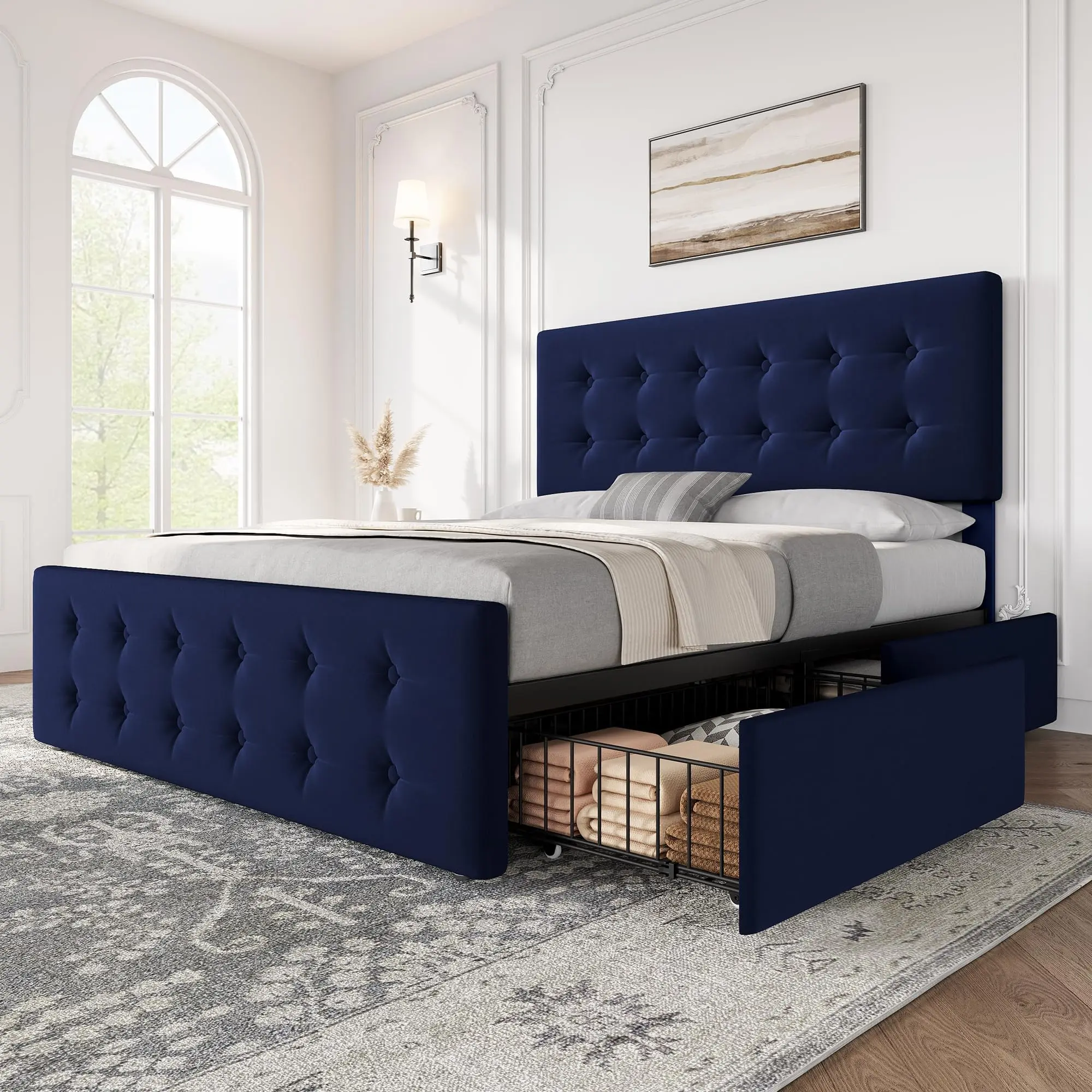 Garvee Modern Upholstered Full Size Bed Frame - Navy Blue Velvet Button Tufted Headboard & Footboard, 4 Storage Drawers, Wooden Slats Support, Silent Mesh Design, Durable Space Saving Storage Organization Platform, No Box Spring Needed, Height Adjustable