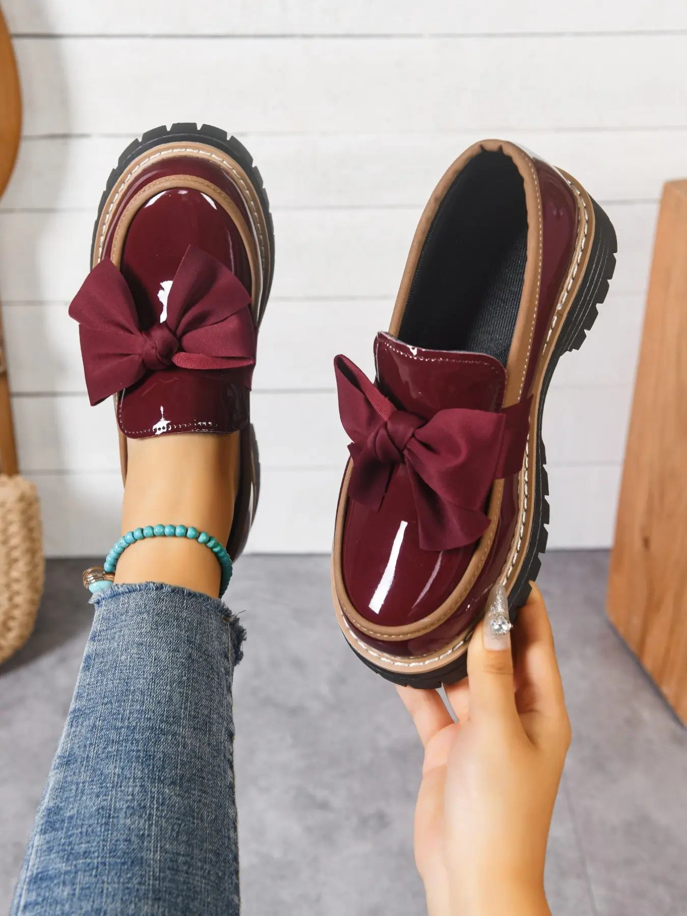 Women's Bow Loafers Flat, Elegant Plain Loafers, Spring Fall Casual PU Leather Shoes, Solid Color Pattern, Below Ankle Height, PVC Sole, Comfortable and Stylish