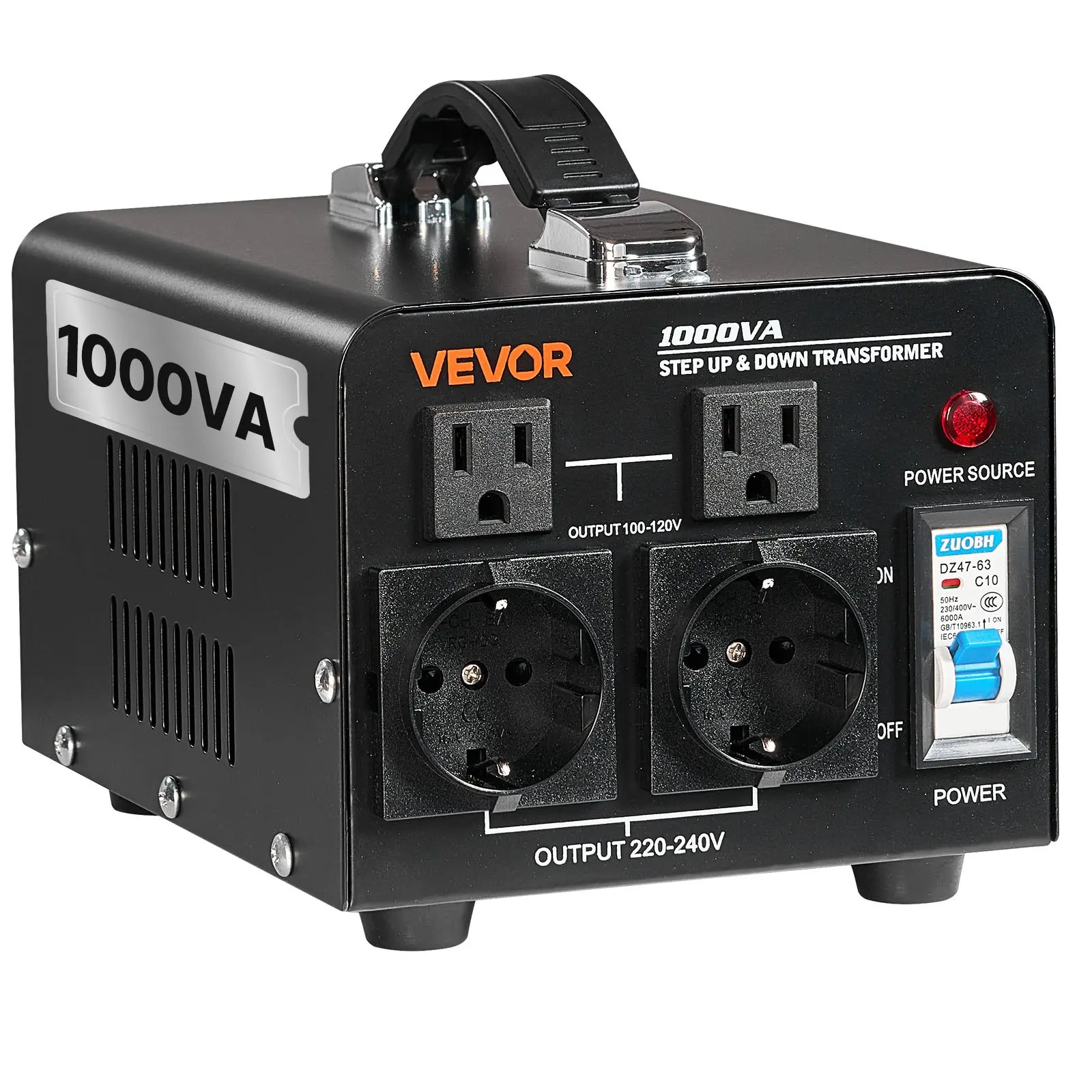 VEVOR Heavy Duty 1000VA Voltage Converter Transformer, 110-120V to 220-240V Step Up/Down AC Power Supply, US/EU Outlets, Power Cord, Circuit Breaker Protection