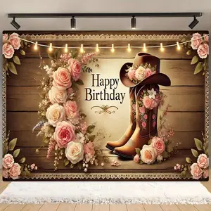 Cowboy Boots & Hat Pattern Birthday Party Banner, Flower Cowboy Birthday Party, Photo Props Background Cloth, Birthday Party Decorations, Indoor & Outdoor Decoration, Party Decorations Banners, Ornaments