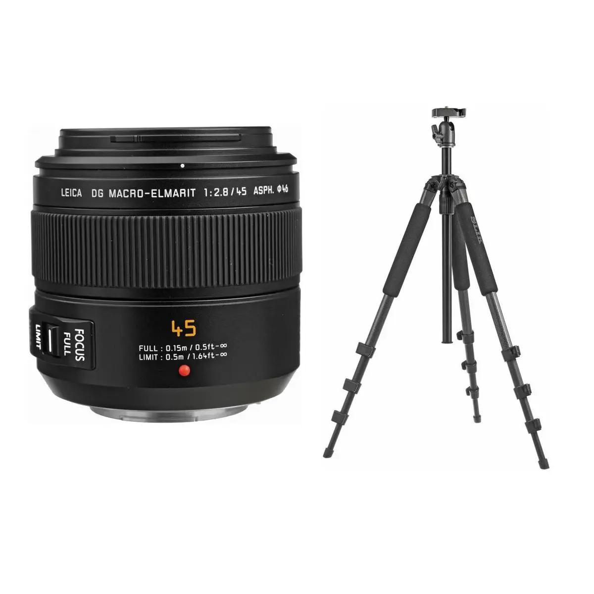 Panasonic LUMIX G Leica DG Macro-Elmarit 45mm f/2.8 Aspherical Lens for Micro Four Thirds, Bundle with Slik U8800L 3-Section Aluminum Tripod with Hybrid 3-Way Pan Head, Cleaning Cloth