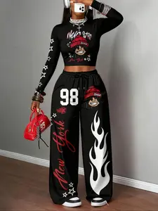 Women's Spring & Fall Elastic Bottoms Drawstring Loose Fit Wide Leg Pants Set, Long Sleeve, Letter and Cartoon Print, Fashion Casual Daily Wear, Womenswear