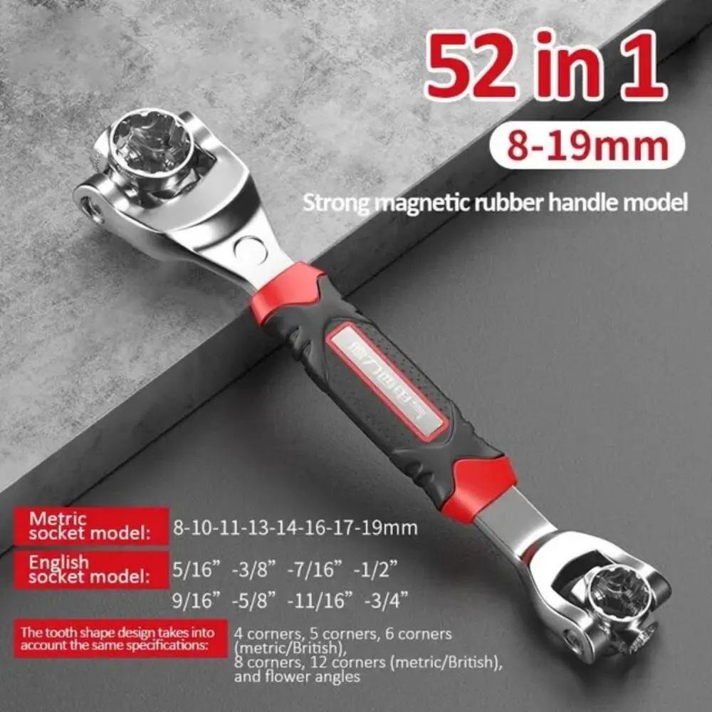52 in 1 Multifunctional Socket Wrench, Stainless Steel Professional Multifunction Wrench Tool with 360 Degree Rotating Head, Strong Magnetic Universal Wrench with Rubber Handle, Spanner Tool for Home and Car Repair.
