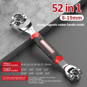 52 in 1 Multifunctional Socket Wrench, Stainless Steel Professional Multifunction Wrench Tool with 360 Degree Rotating Head, Strong Magnetic Universal Wrench with Rubber Handle, Spanner Tool for Home and Car Repair.