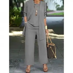 2026Casual Three-Piece Solid Set, Long Sleeve Cardigan & Top & Long Pants Outfits, Women'S Clothing.....