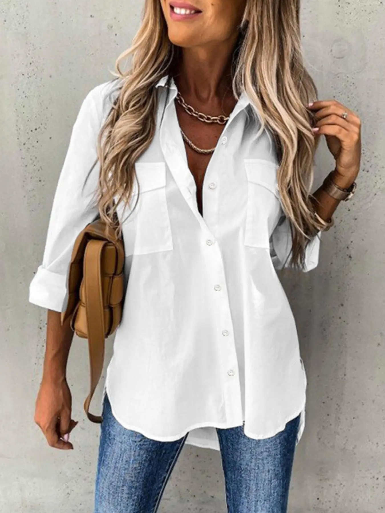 Women's Plain Button Front Pocket Shirt, Casual Long Sleeve Collared Top for Daily Wear, Ladies Clothes for All Seasons, Clothing for Women