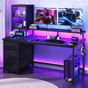 【Display Cabinet】55’‘ Gaming desk with Led Lights Strip, Computer Desk with 3 Drawers & Dual Monitor Stand, A must-buy for gamers & anime fans, Homeoffice Desk & Writting Table, Black