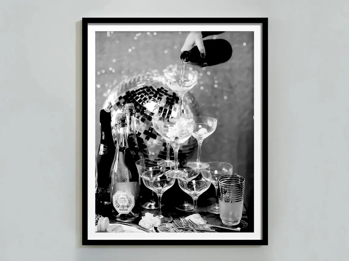 Champagne Flutes & Disco Ball Poster, Black and White, Bar Cart Print, Cocktail Wall Art, Alcohol Print, Bachelorette Party Decor, Printable