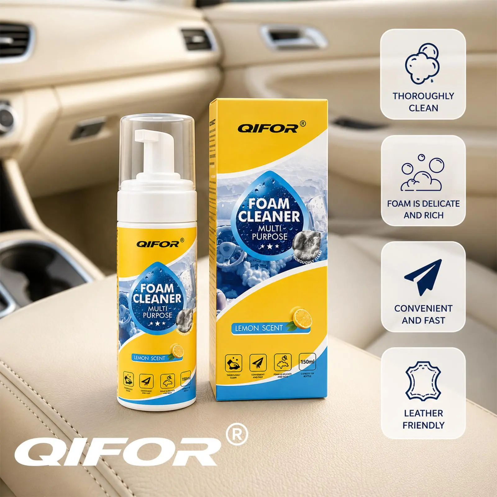QIFOR Multi-Surface Interior Cleaner Foam Spray, Car Interior Cleaner for Leather, Vinyl, Plastic & Fabric, Deep Cleaning Foam Removes Dirt & Grime