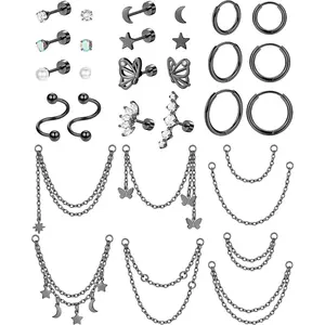 20G Cartilage Earrings Set For Women Men Stainless Steel Small Huggie Hoop Earring Flatback Star Moon Butterfly CZ Cartilage Stud Earrings Chain Dangle Cartilage Helix Tragus Piercing Jewelry