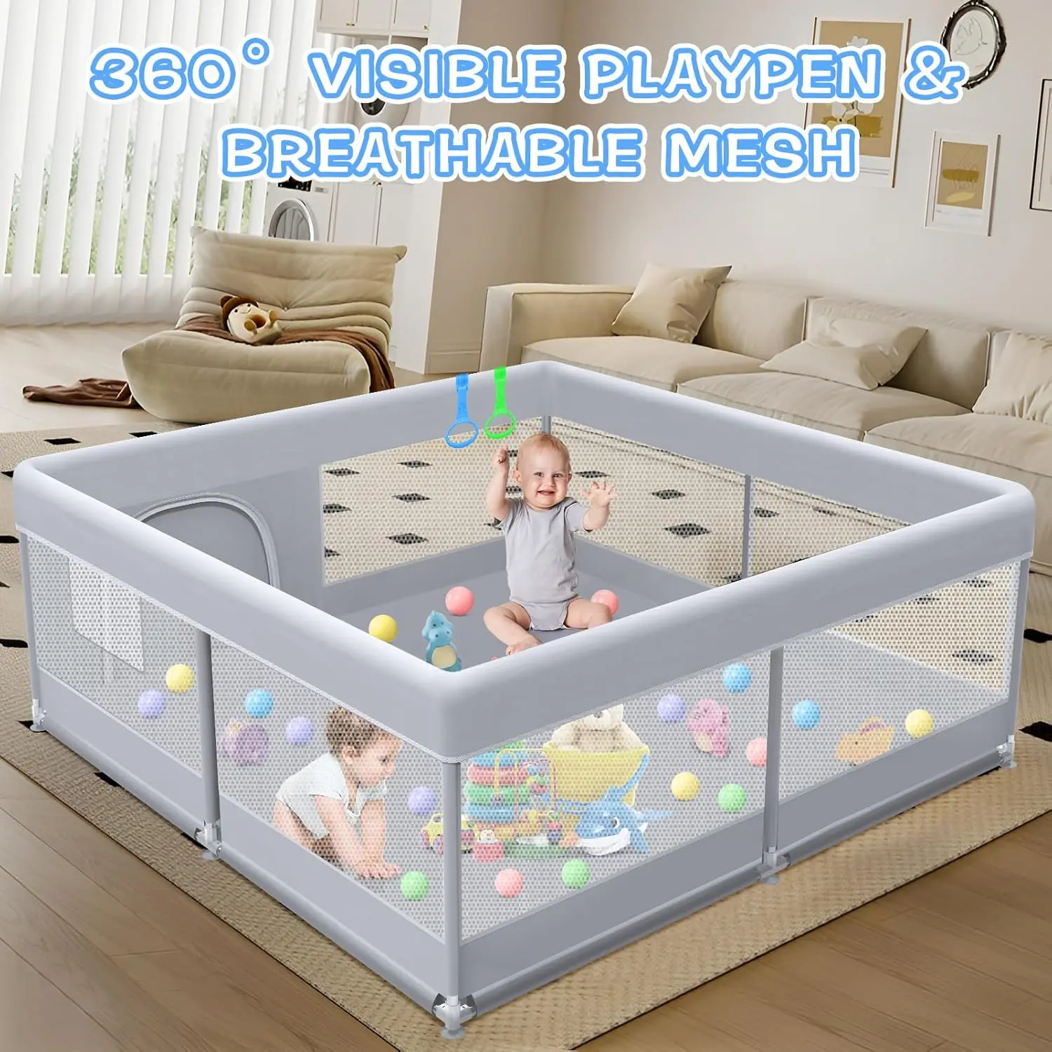 74x50 in Durable Portable Safety Playpen for Babies - Skin-Friendly Fabric, Soft Breathable Mesh Safety Playpen, Full Vision Indoor-Outdoor Active Center Game Fence, Grey