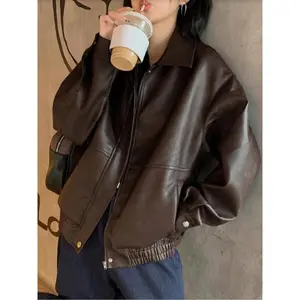 Women’s Fall PU Leather Jacket, Long Sleeve Zipper Front Loose Fit Casual Coat, Solid Color Autumn Outerwear for Women GARMENTARY