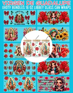 Virgen de Guadalupe UVDTF Bundles - 16 Oz Libbey Glass Can Wraps for Crafts, Decorative Tumbler Cup Stickers