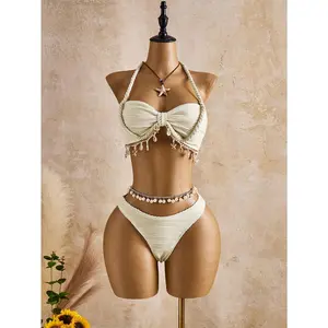 Women's Fashionable Beige Wave Pattern With Seashell & Star Decor Spaghetti Strap Tankini Swimwear Set, Spring/Summer/Autumn