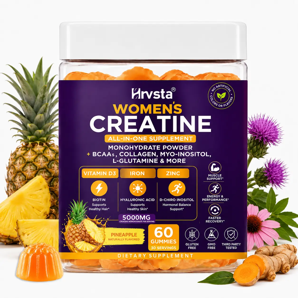 Women's Creatine Gummies 5000mg – Creatine Monohydrate with BCAAs, Collagen, Myo-Inositol & L-Glutamine – Pineapple Flavor – 60 Gummies, 30 Servings
