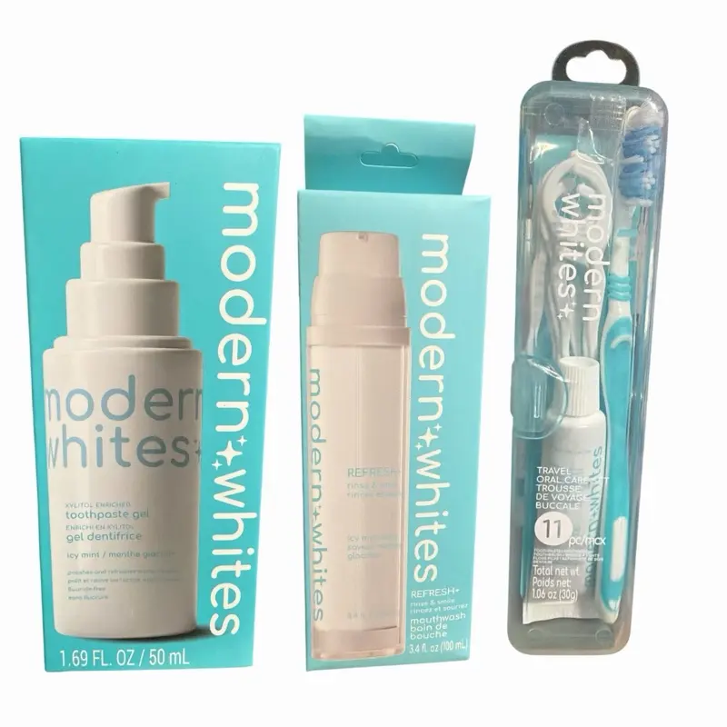 Modern white tooth care set, Xylitol enriched toothpaste gel, Refresh rinse and smile icy mint, 11pc travel, oral care set
