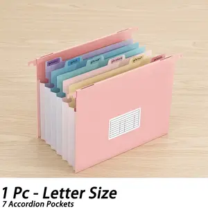 Expandable Hanging File Folder for File Cabinet, 7 Pockets, 1.2 Inch Labels, Letter Size, 50% Straw, Multicolor, Single Pack, Office Supplies