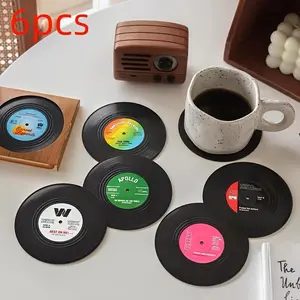 Retro Disc Design Drink Coaster, Round Coaster, 6pcs/Set Creative Heat Resistant Non-slip Cup Pads For Home Kitchen Party Table Decor, Kitchen Accessories, Bedroom Decor, Home Decor