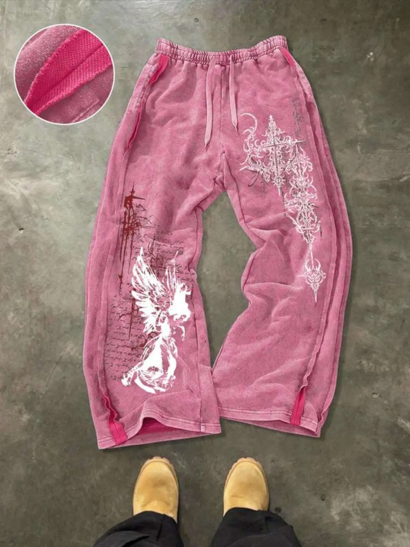 Men's washed cotton sweatpants with side seam design and gothic Graphic pattern, Casual Loose Comfy, comfortable and casual, suitable for everyday wear, Trouser, Chic Comfy Pants, Casual Streetwear Bottoms