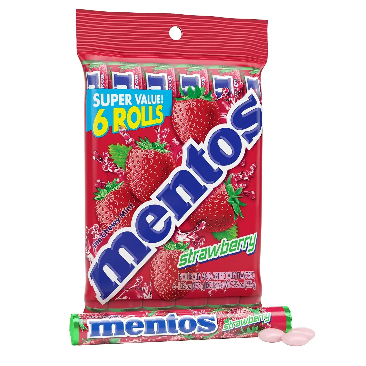Mentos Strawberry Chewy Mint Sweet Candies, 14-Piece Snack Roll, 6-Count Party Pack