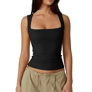 QINSEN Women's Square Neck Sleeveless Double-Layer Tank Tops Basic Tight T Shirts short