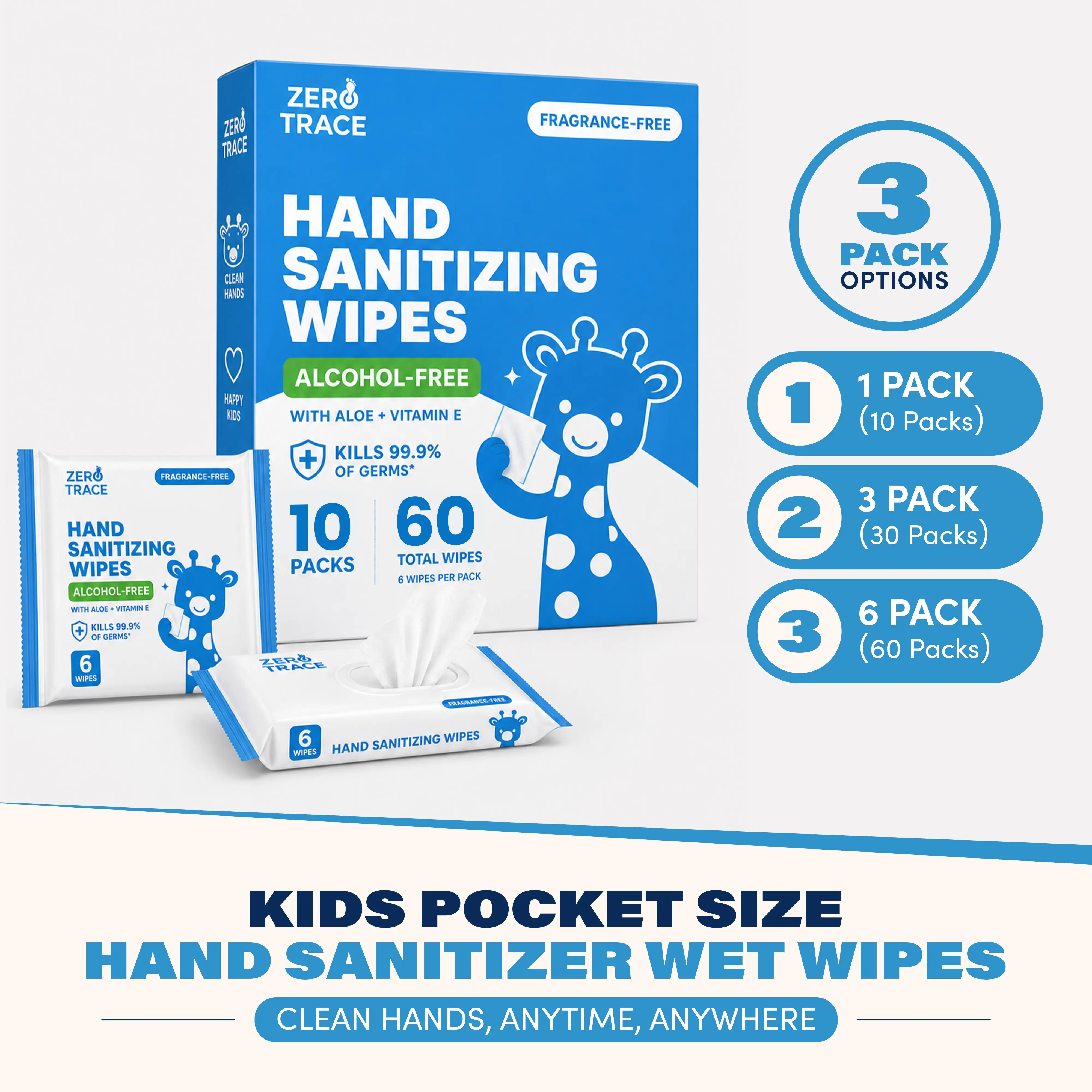 Zero Trace Pocket Hand Sanitizing Wipes, Alcohol-Free & Fragrance-Free, Kills 99.9% of Germs, Aloe + Vitamin E, Travel Size Wipes for Kids & Adults, 60 or 180 Count