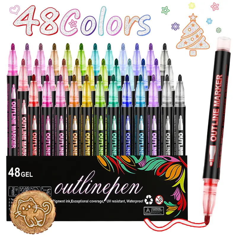 12/24/36/48 Pcs Double Line Outline Markers, Super Glitter Outline Marker Pen Set, Metallic Glitter Drawing Pens for Birthday Card DIY, Graffiti, Art Craft Supplies