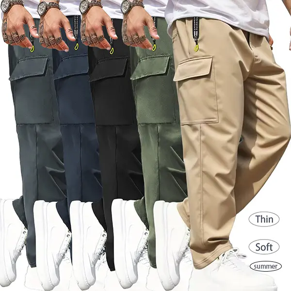 5PCSMen's Casual Solid Color Sports Pants Fitness Pants with Multi-Functional Pocket Design 95% Polyester 5% Spandex Lightweight Skin-Friendly Smooth Soft Fabric Suitable for Indoor Sports, Summer Outdoor Sports Sweatpants Set Skinny Sportswear