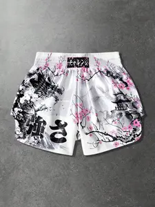 Men's Japanese-Style Dragon and Cherry Blossom Muay Thai Shorts, Athletic Shorts, Satin Material MMA Ready Training Shorts, Loose Fit, Suitable for Versatile Use in MMA, Boxing, and Brazilian Jiu-Jitsu.
