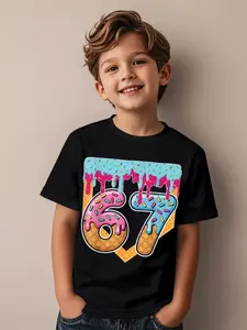 Boys' Ice Cream Drip Meme T-Shirt, Casual Round Neck Short Sleeve, Fitted H-Type, Spring & Fall, Colorful Number 67 Design, Funny Graphic Tees