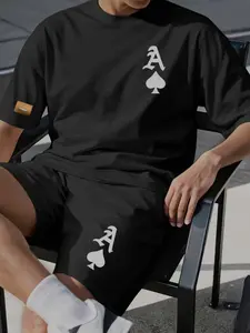 Men's Summer 2-Piece Fitted Matching Set Outfit with Spade a Graphic Print T-Shirt and Drawstring Shorts, Casual Sport for Daily Wear