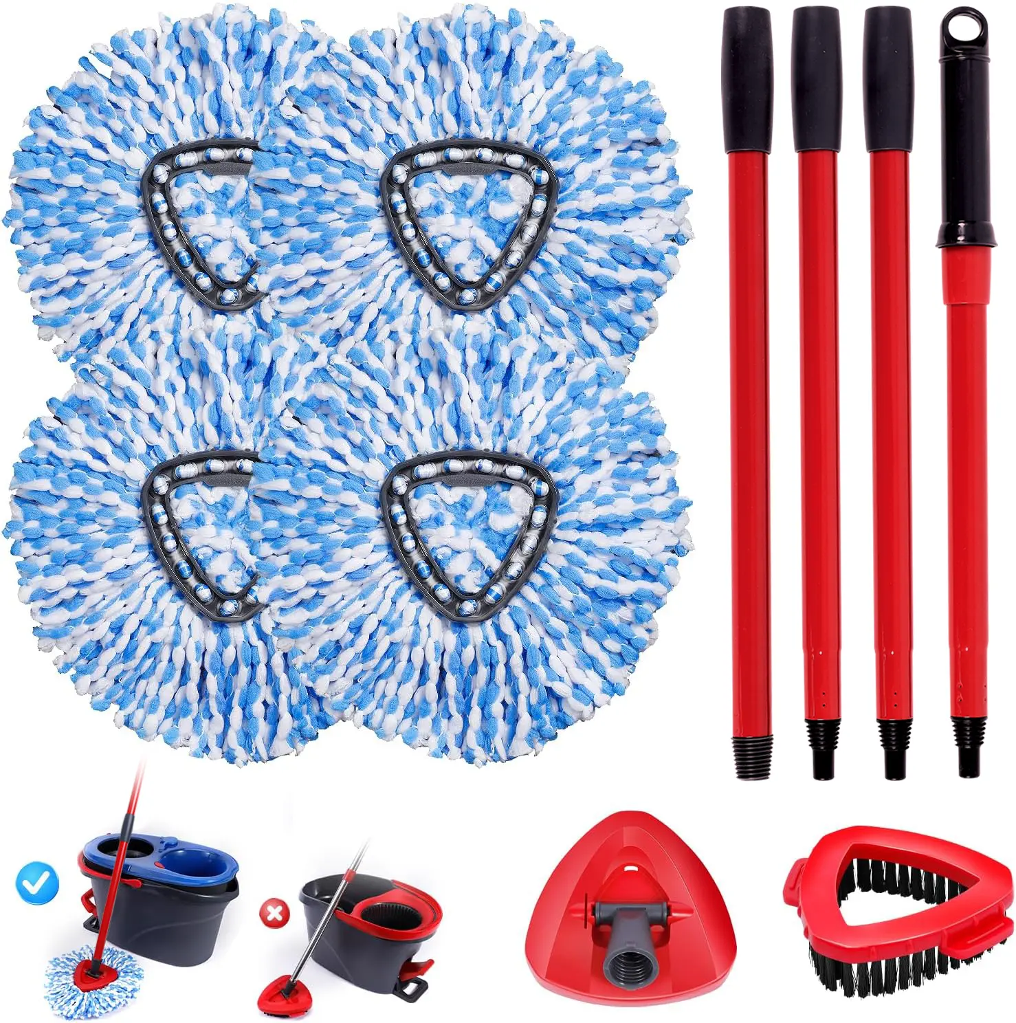O Cedar RinseClean 2-Tank System Spin Mop Set - Home Cleaning Bundle with 4 Machine Washable Microfiber Replaceable Heads, 1 Stainless Steel Stick, 1 Base, 30-58in Adjustable Rotatable Handle, Long-Handled Rotating-Head Mops for Hardwood Floors
