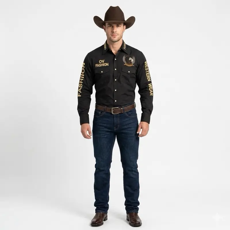 Men's Vaquera Style Modal Fabric Shirt, Long Sleeve Casual Button-Down Tops with Black and Gold Ornate Print, Black Gold Long-Sleeve Casual Shirts, Button Up Shirts