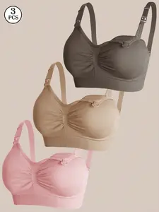 3pcs Nylon Bras Set, Front Opening Nursing Bras With Adjustable Support