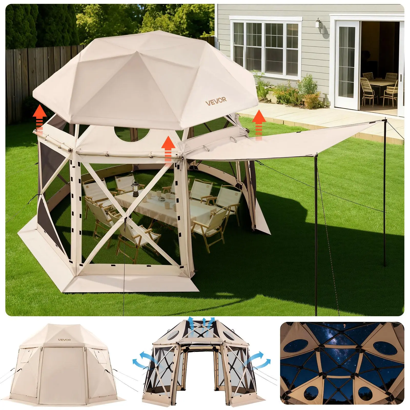 Large 12x12 ft Pop Up Gazebo Screen Tent - 13-Sided Geodesic, 300D Oxford Fabric, Mesh Roof, UV Protection, Portable Outdoor Shade Canopy for Patios, Parties (8-10 People, Beige Patio Canopy), Spacious Fit, Geodesic Shape