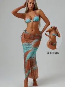 Women's New Fashion Printed Halter Tie Sexy Triangle Bikini Set Swimsuit with Cover Skirt Three Piece Suit for Beach Sea Pool Vacation