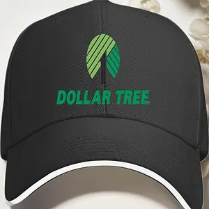 Dollar Tree Logo Baseball Cap for Men - Black Casual Hat with Green Tree Emblem & White Lettering, Sandwich-Style Brim