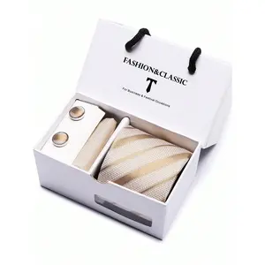 AlanKing Men's Classic Polyester Gold Striped 1-Piece Accessory Set - Tie, Pocket Square, Cufflinks for Business Casual Outfits