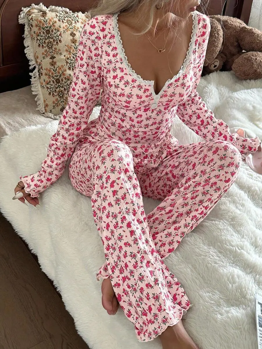 CottageSlumber Cottage Slumber Lace Trim Square Neck 2-Button Romantic Ditsy Floral Long Sleeve Top & Pants Pajama Set Pink Floral Pajamas Floral Pajama Set Comfy Pajama Set Matching Lounge Set, Fall Winter Clothes