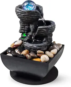 Tabletop Fountain Indoor Waterfall Meditation Fountain Like Layers of Rock Desktop Water Feature Includes Many Natural River Rock LED Lights Rolling Decorative Bubble Balls