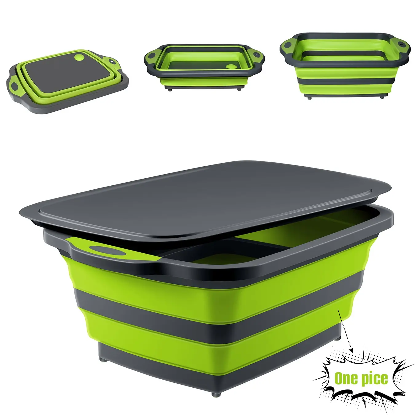 BBQ Prep Tub with Lid, 3-IN-1 Sturdy Collapsible Lipped Cutting Board Chopping Board with Colander, Food Grade Portable Silicone Dish Tub for Dish Basin, Picnic, Tailgate and Camping, Kitchen