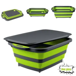 BBQ Prep Tub with Lid, 3-IN-1 Collapsible Cutting Board with Colander, Food Grade Portable Silicone Dish Tub for Dish Basin, Picnic, Tailgate and Camping, Kitchen
