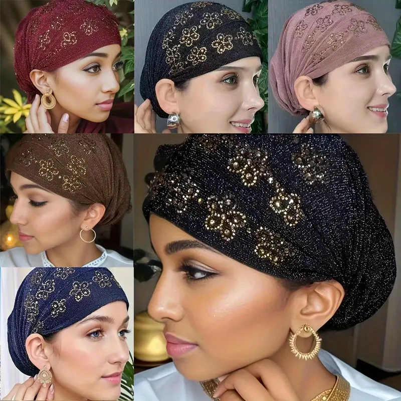 Elegant Women's Turban With Sparkling Rhinestone Plum Blossom - Elastic Polyester, Comfort Fit For Ramadan & Eid Celebrations Robes For Women Turbans Headwear Women
