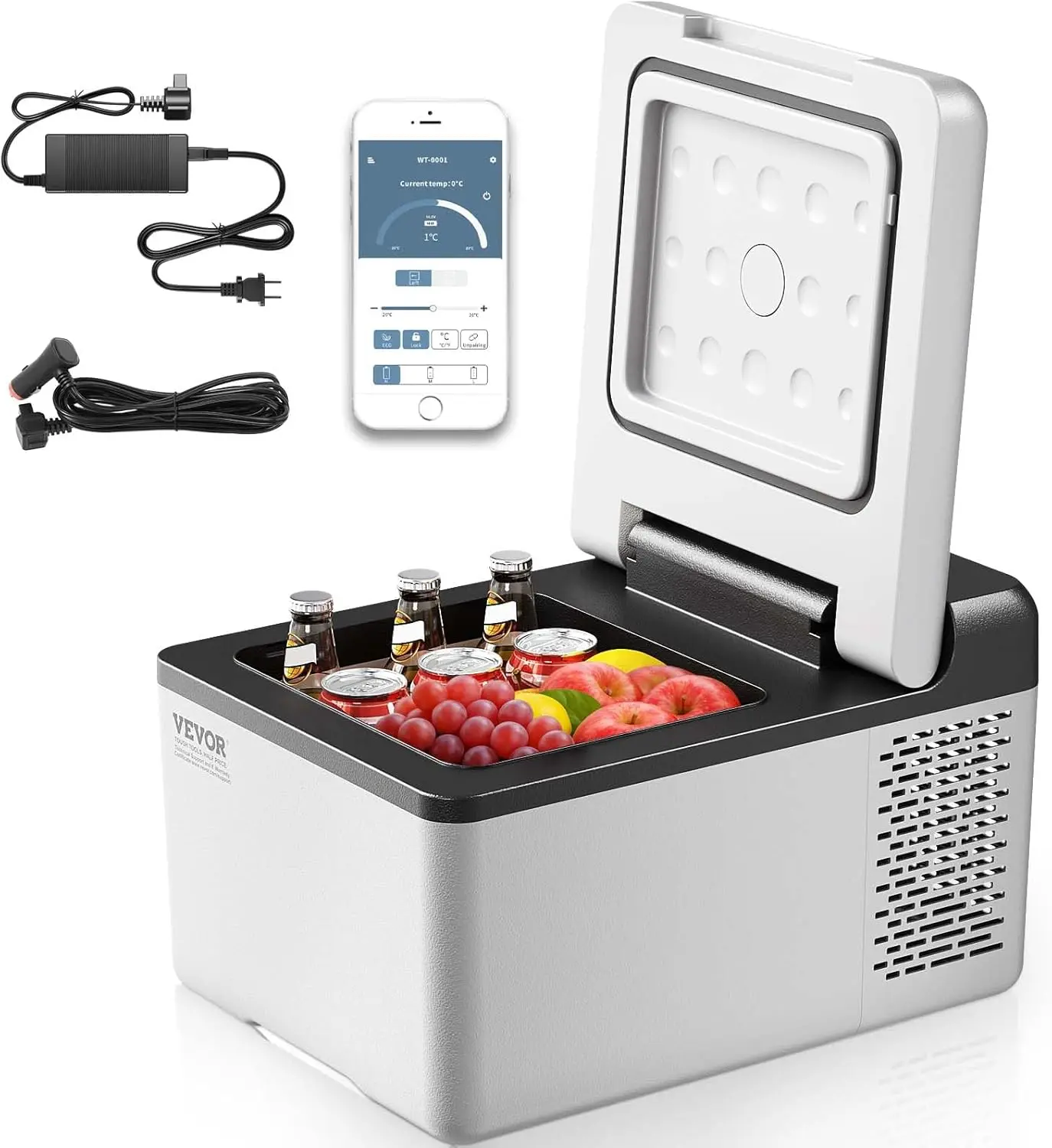 VEVOR 12V Car Refrigerator 10 QT, Portable Mini Freezer with APP Control, -4℉ to 68℉, 12/24V DC & 110-220V AC Compressor Cooler for Travel, Camping, Home, Road Trip
