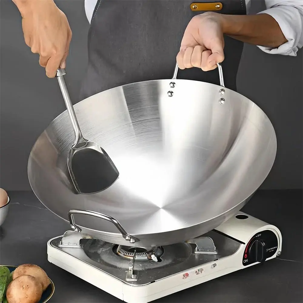 1pc, Double Ear Stainless Steel Frying Pan, Traditional Stainless Steel Wok, Durable Cookware Stainless Steel, Stainless Steel Pans, Kitchen Pans - Perfect For Chinese Cooking And Healthy Frying - Multiple Sizes Available