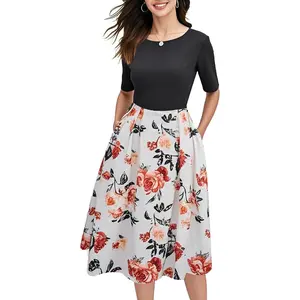 Women's Vintage Patchwork Pockets Puffy Swing Casual Party Dress OX165