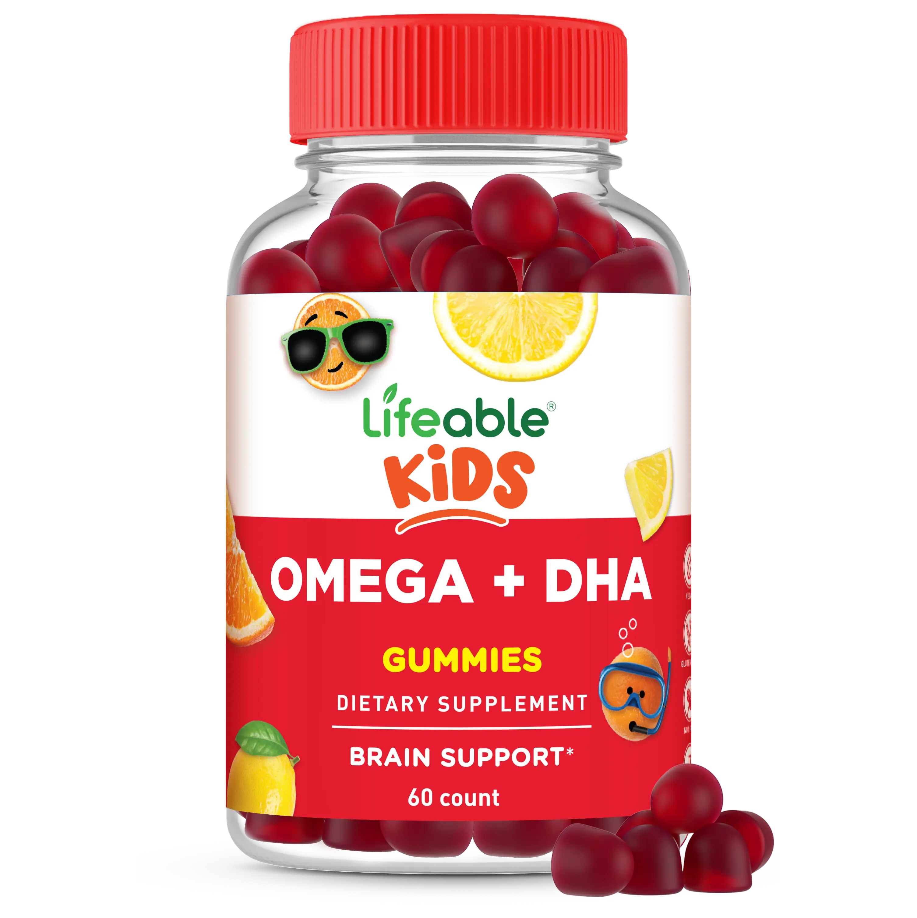 Lifeable Kids Vegan DHA Essential Fatty Acid Supplement Gummies - Supports Memory & Brain Development, 60 Count