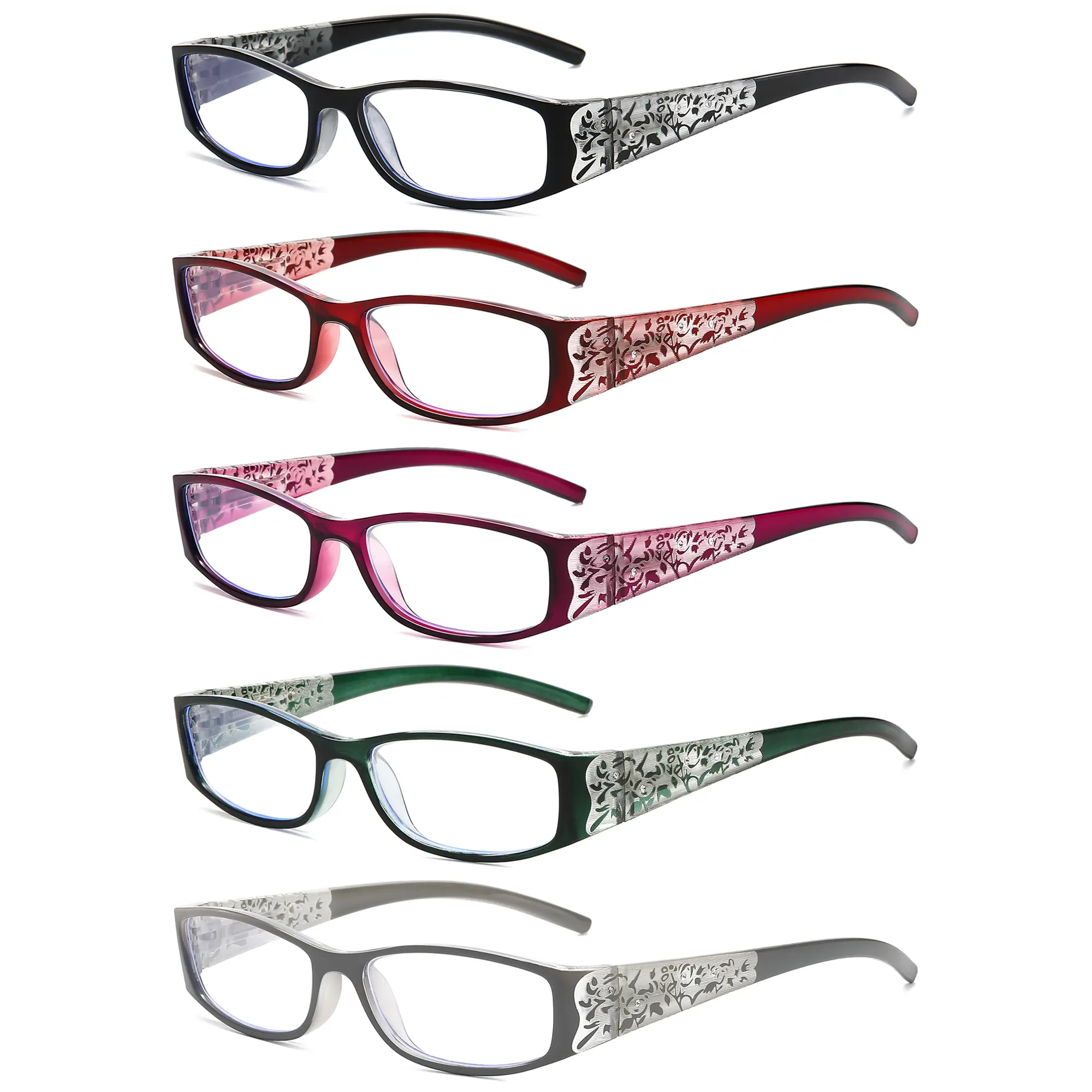 5 Pack Reading Glasses Women Rhinestone Computer Reader Stylish Spring Hinge With Laser Pattern Diamond Eyewear Traditional Frame Trending Eyeglasses
