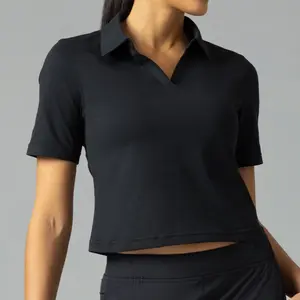 Colorfulkoala Women's Sorona Relaxed V-Neck Cropped Polo Button-Free Collar Flattering Short Silhouette