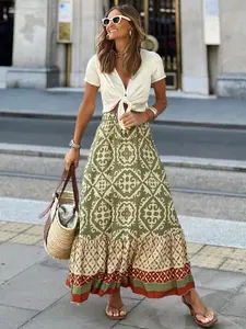 Women's Bohemian Tropical Print Midi Skirt, Casual Fitted A-Type Skirt, Natural Waist, Perfect for Spring Summer Daily Wear